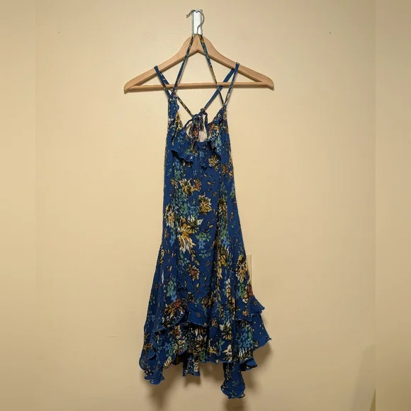 Free People FP One Go Lightly Blue Floral Ruffle Gauze Mini Dress – Size Large - Picture 7 of 8